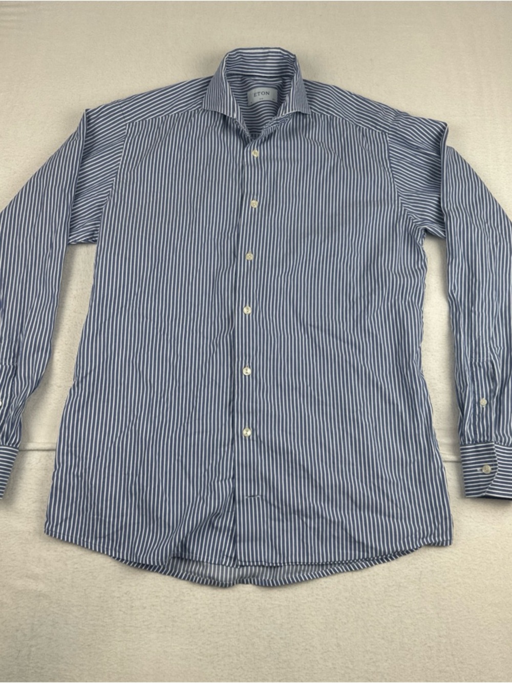 Eton Slim Fit Mens Blue White Striped Dress Shirt 40-15.75  Fits Med Office